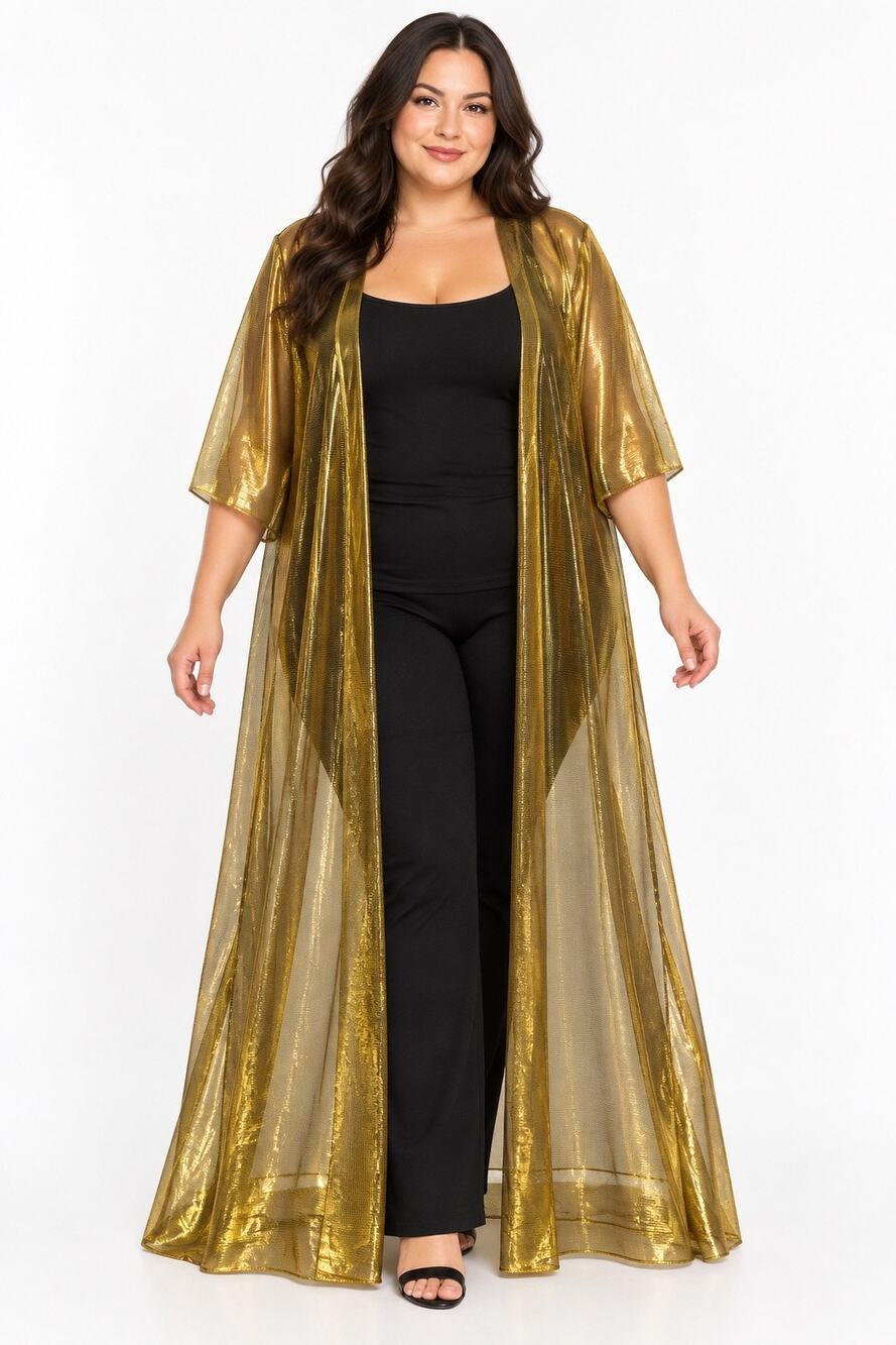 K + Glam 3X Gold Metallic Sheer Iridescent Maxi Duster Kimono Maximalist Disco